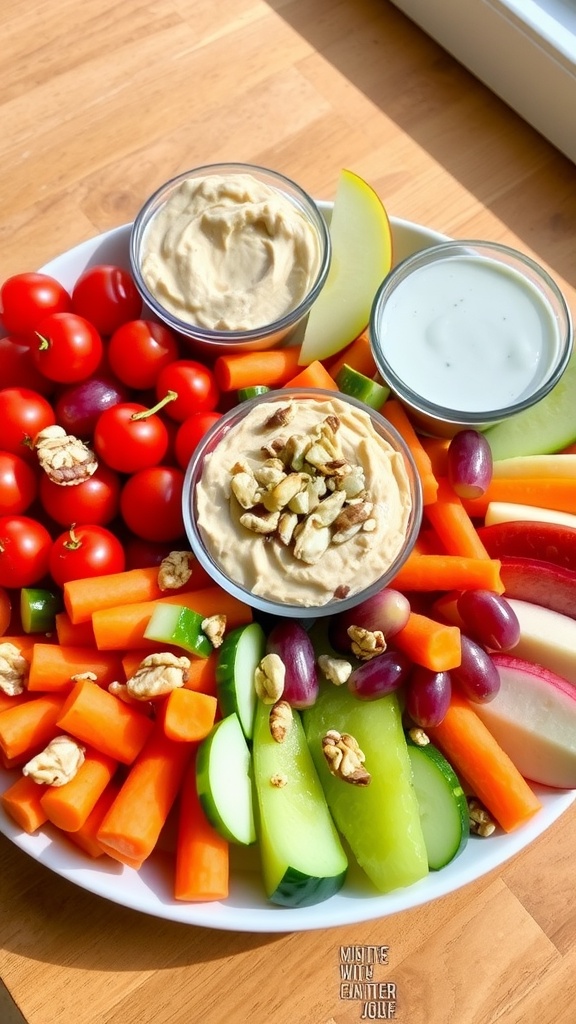 Colorful Snack Plate Lunch A colorful snack plate with vegetables, fruits, and dips arranged on a table, perfect for lunch.